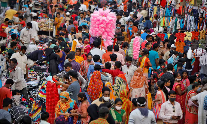 Crowded Indian street market and thriving retail